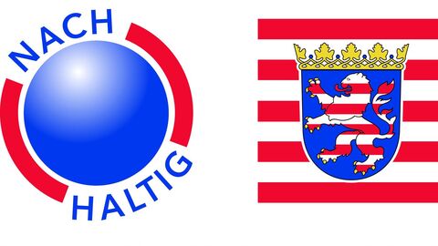 Lernen und Handeln für unsere Zukunft. Logo NHS-Strategie und Hessenwappen