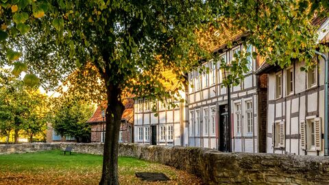 Fachwerkhaus Fachwerhaus anlang einer kleinen Mauer vor einer Wiese.