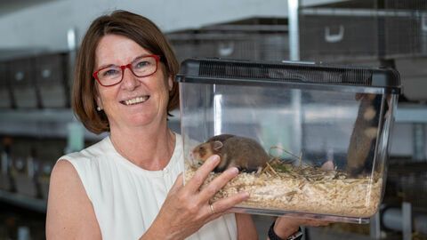 Ministerin Hinz hält zwei Feldhamster in der Hand.