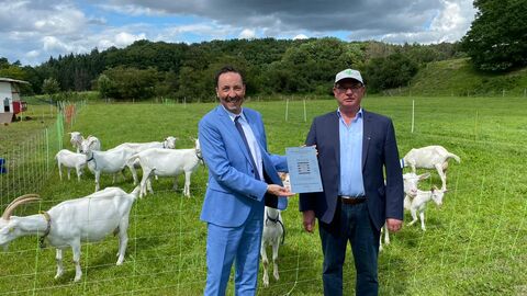 Staatssekretär Oliver Conz überreicht den Hessischen Staatsehrenpreis für Tierzucht an den Ziegenzüchter Prof. Dr. Diedrich Steffens Staatssekretär Oliver Conz steht zusammen mit Ziegenzüchte Prof. Dr. Diedrich Steffens auf einer Schaafsweide.