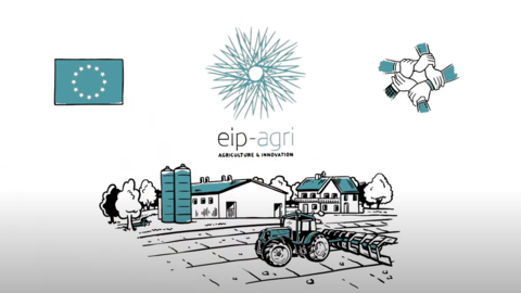 Grafiken einer Europaflagge und eines landwirtschaftlichen Betriebs