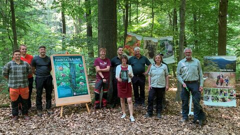 Umweltministerin Priska Hinz steht mit Vertreterinnen und Vertreter von Hessen-Forst im Wald und stellen die neue Naturschutzleitlinie vor.