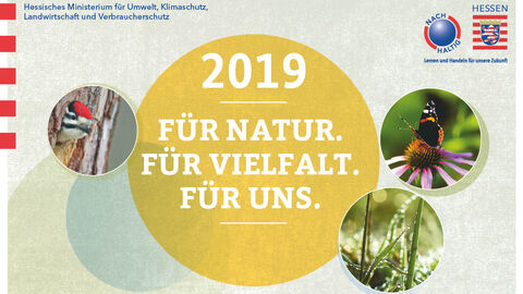 Kalendertitelblatt 2019. 4 Kreise. In 3 ein Vogel, Schmetterling und eine Pflanze. Im 4 der Kalendertitel. 