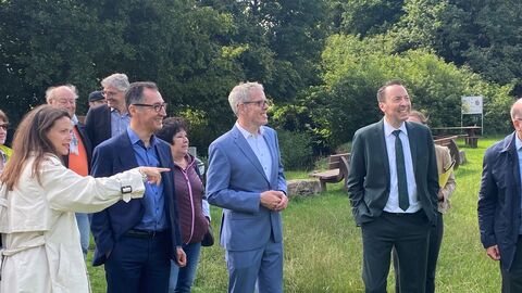 Eine Frau und drei Männer im Anzug stehen auf einer Wiese im Hintergrund Bäume