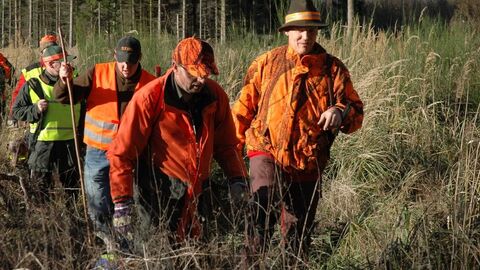 Jäger und Treiber auf Bewegungsjagd Jäger und Treiber laufen auf einer Bewegungsjagd am Waldrand entlang.