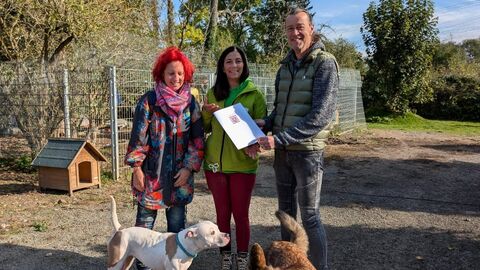 Drei Personen schauen in die Kamera, drei Hunde sind ebenfalls im Bild. Hintergrund Natur und Zaun.