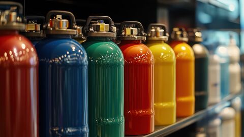 Der Handel mit F-Gasten ist kontingentiert und nur im Rahmen einer festgelegten Quote erlaubt. Eine Reihe bunter Gasglaschen.