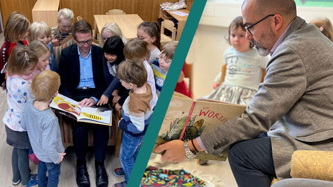 Die Staatssekretäre Michael Ruhl (l.) und Daniel Köfer beim bundesweiten Vorlesetag in zwei hessischen Kitas.