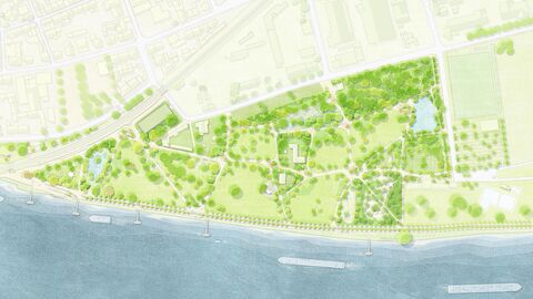 Rüdesheim Bundesgartenschau Entwurf Skizze des Rüdesheimer Hafens während des Bundesgartenschau.