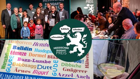 Fotocollage aus Gruppenfoto, Minister beim Suppe ausschenken und Übersicht vieler verschiedener Mundartwörter