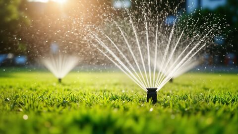 Ein Rasensprenger verteilt Wasser auf einem Rasen.
