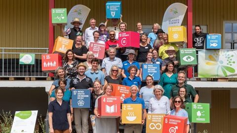 Gruppenfoto mit den weltweiten Zielen für nachhaltige Entwicklung