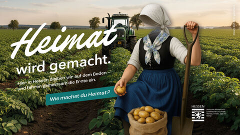 Blick auf ein Feld mit einer animierten Landwirtin im Vordergrund. Aufschrift: "Heimat wird gemacht"