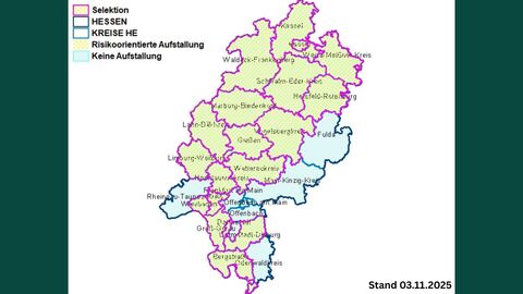 Übersicht zu Aufstallungsanordnungen in den hessischen Landkreisen und kreisfreien Städten zum Schutz der Geflügelbestände vor der Geflügelpest